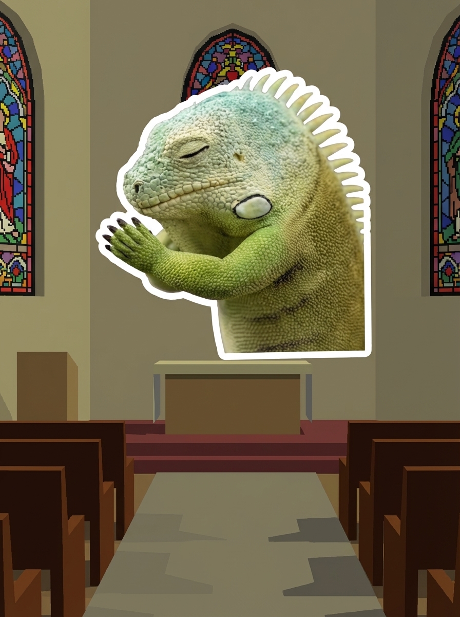 Praying iguana sticker in church