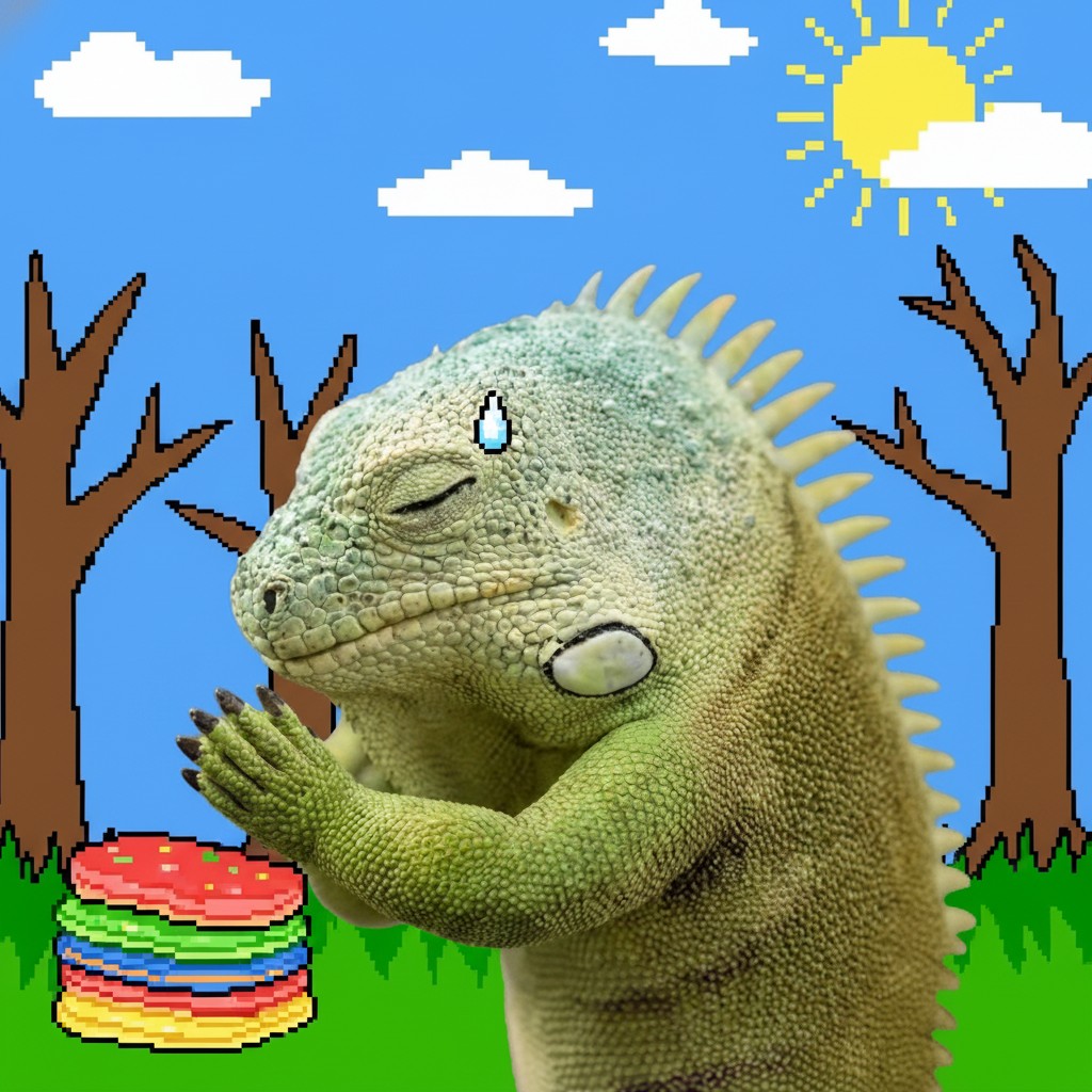 Praying iguana with pixel art background