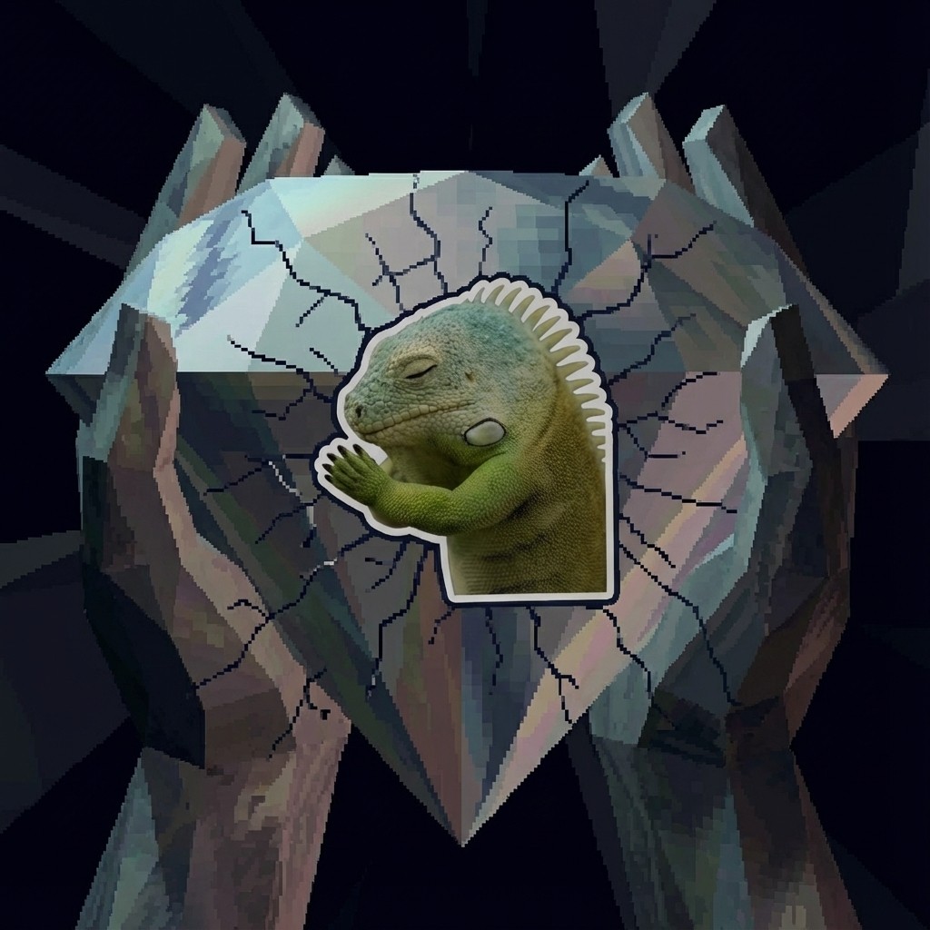 Praying iguana sticker on geometric crystal