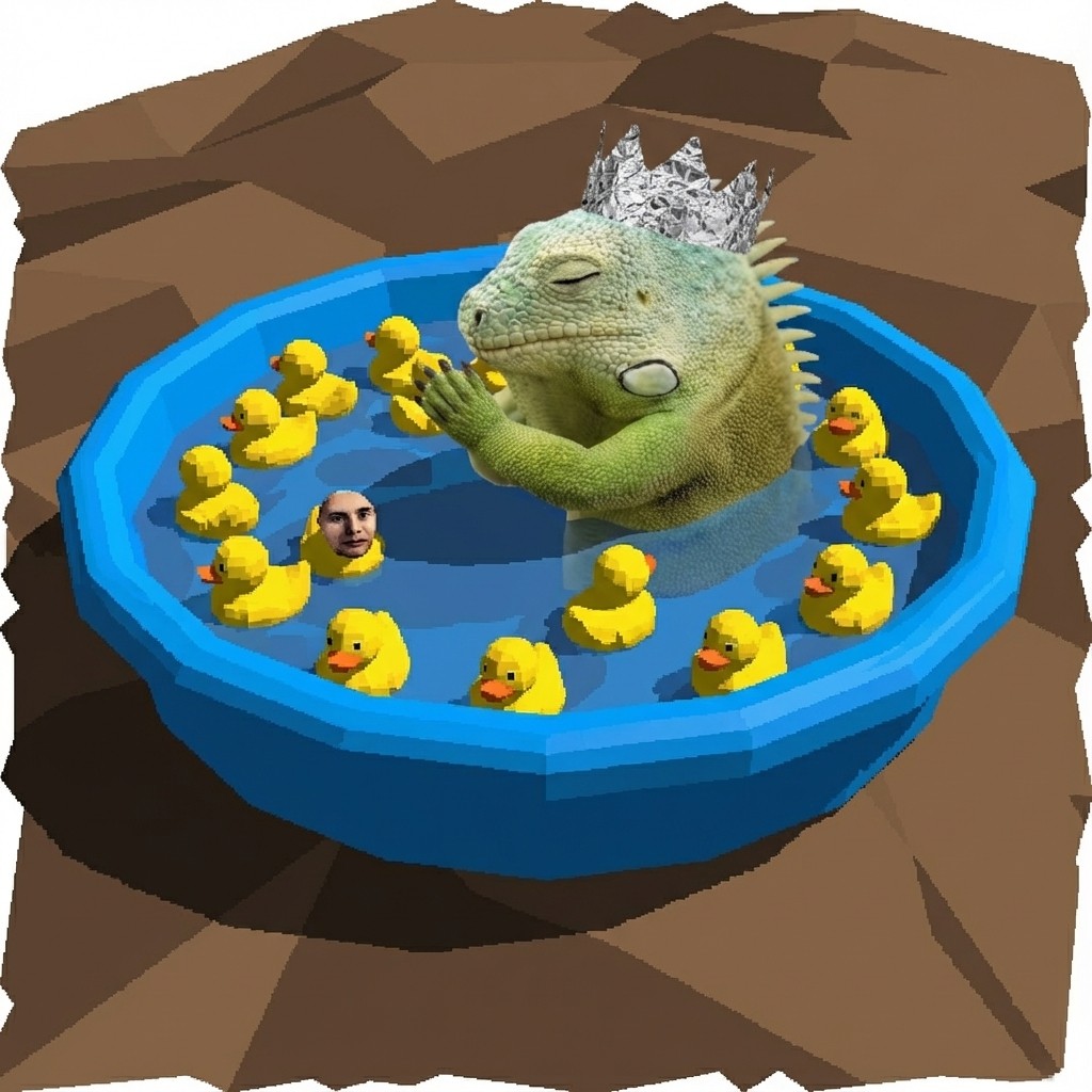 Iguana with crown in pool with ducks