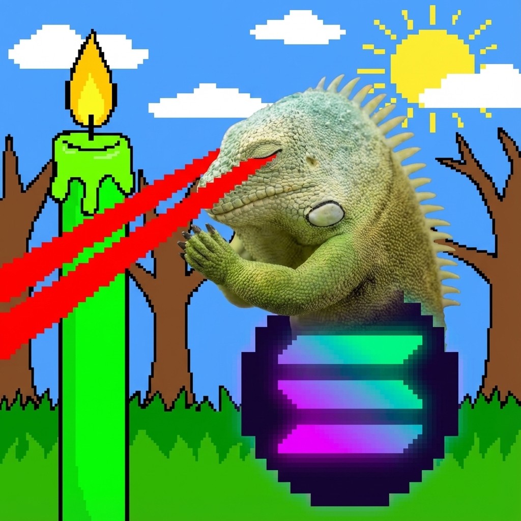 Iguana with pixel candle and portal