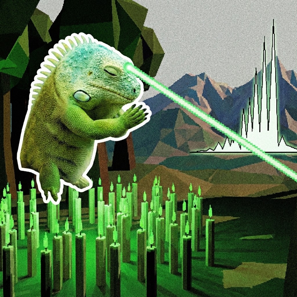 Iguana shooting laser beam in mountain landscape