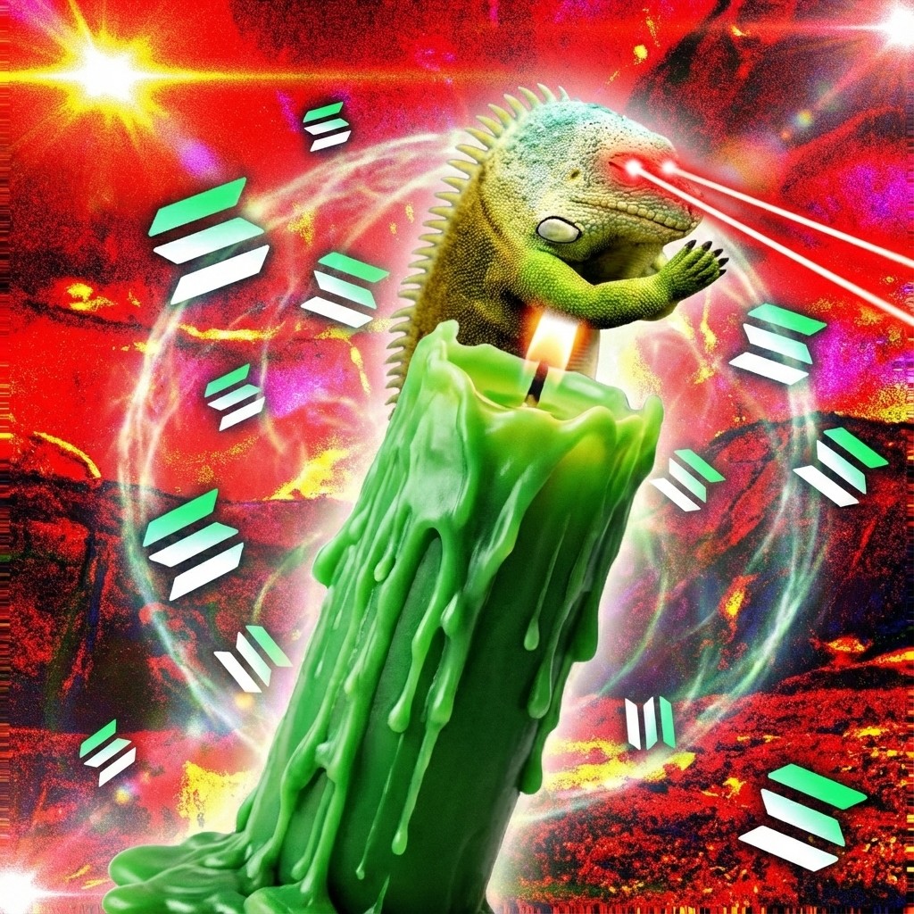 Iguana with laser eyes on green candle