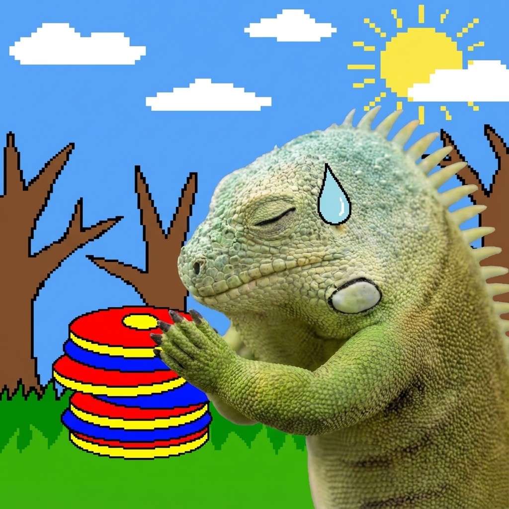 Iguana with colorful stacked rings