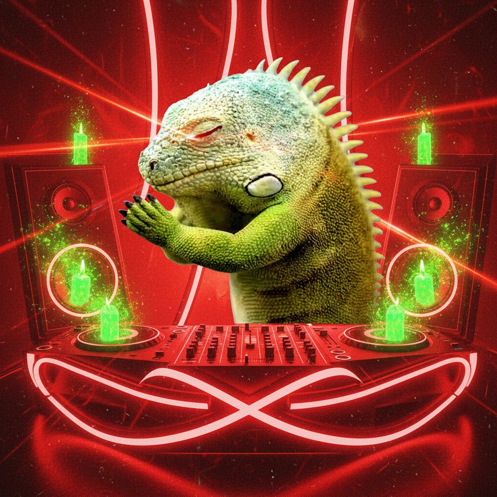 DJ iguana with mixing decks and candles
