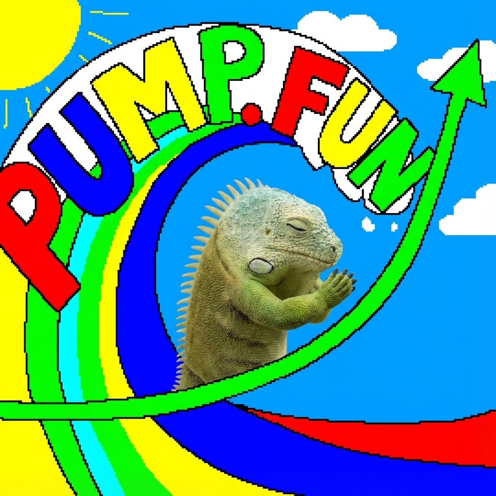 PUMP FUN rainbow logo with praying iguana
